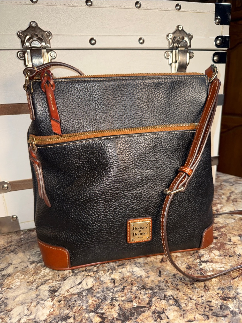 Dooney & Bourke Black Pebbled Leather Crossbody with Brown Trim